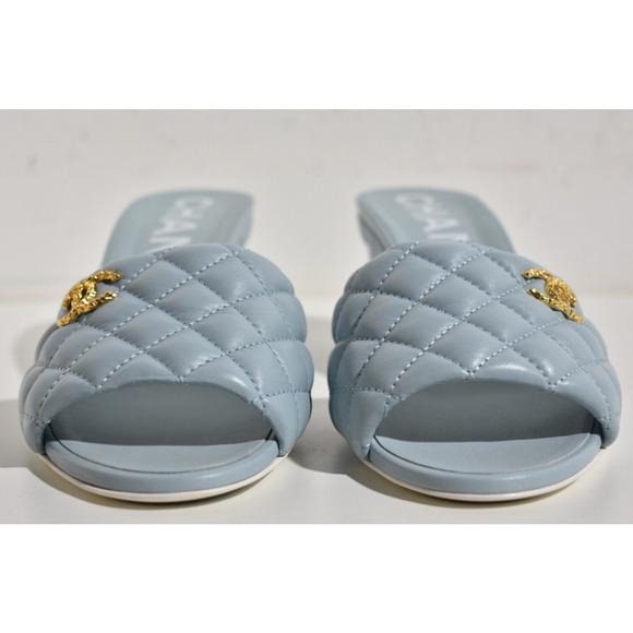 Chanel 22P Blue Lambskin Quilted CC Gold Logo Cone Heel Mule Slide Sandal 41.5 - Picture 7 of 12